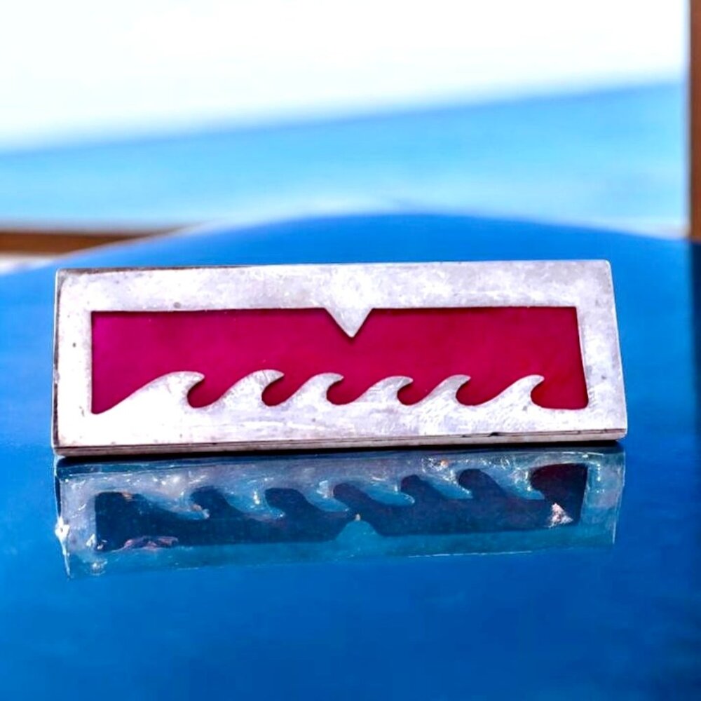 Vintage Mexico Sterling Silver Brooch Transparent Red Enamel Modernist